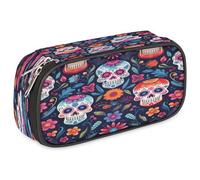 VQUVQV Large Capacity Pencil Pouch, Waterproof Zippered Pen Case for Office Supplies, Portable Makeup Bag with Pen Holder & Mesh Pocket, Day of The Dead Sugar Skull Floral