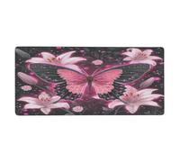 VQUVQV Large Mouse Mats for Desk, Neon Pink Butterfly With Flowers Gaming Mouse Pad with Non-Slip Base Stitched Edges, Table Mat Office Desk Accessories