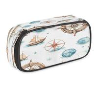 VQUVQV Large Pencil Case, Waterproof Pencil Pouch Stationery Organiser with Dual Zips, Portable Office Supplies Pouch for Pens, Makeup, Nautical Ocean Anchor Compass Ship