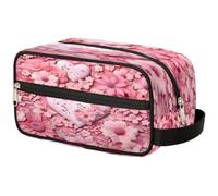VQUVQV Pink Hearts Flower Pattern Large Makeup Bag, Travel Toiletry Organiser for Women Men, Portable Wide-Open Wash Bag with Handle, 26.5x13.5x11.2cm