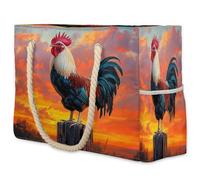 VQUVQV Rooster In The Sunset Beach Bag Large Tote Bag with Zip and Rope Handle, Summer Holiday Essentials Tote Bags for Travel Shopping Pool Gym Picnic