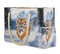 VQUVQV Tiger Running In The Snow Beach Bag Large Tote Bag with Zip and Rope Handle, Summer Holiday Essentials Tote Bags for Travel Shopping Pool Gym Picnic