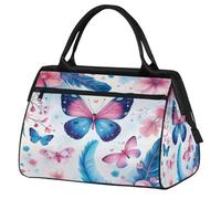 VQUVQV Travel Duffel Bag, Pink Blue Butterfly Flower Feather Lightweight Carry On Weekend Overnight Bags Hand Luggage Tote Bags for Women Men Kids