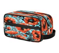 VQUVQV Travel Makeup Bag Coral Poppy Turquoise Background Toiletry Bag | Portable Make Up Pouch Wash Bag for Travel Accessories, Large Capacity, Wide Open, Gifts for Women Men