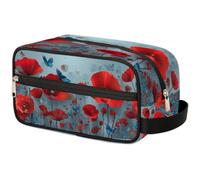 VQUVQV Travel Makeup Bag Red Poppy Blue Butterfly Pattern Toiletry Bag | Portable Make Up Pouch Wash Bag for Travel Accessories, Large Capacity, Wide Open, Gifts for Women Men