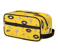 VQUVQV Travel Makeup Bag Yellow Cartoon Music Note Records Toiletry Bag | Portable Make Up Pouch Wash Bag for Travel Accessories, Large Capacity, Wide Open, Gifts for Women Men