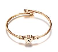 VQYSKO Bracelet Initial Heart Women Girl 26 Letters Engraved Laser A-Z Engraving Stainless Steel Charm Bangle Bracelet Cable Bracelet 18cm 5 Colors (Rose Gold, L)