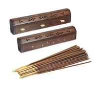 VR Angel 2 Wooden Incense Stick Holder Storage Box With Free 10-15 Incense Sticks, Handmade Brown Coffin Box, Ash Catcher With Brass Inlay (Elephant + Liana)
