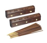VR Angel 2 Wooden Incense Stick Holder Storage Box With Free 10-15 Incense Sticks, Handmade Brown Coffin Box, Ash Catcher With Brass Inlay (Elephant and 3 Star)