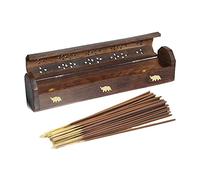VR Angel Wooden Incense Stick Holder Storage Box With 10-15 Incense Sticks, Handmade Brown Coffin Box, Ash Catcher With Brass Inlay, Perfect for Any Occasion (Elephant Design)