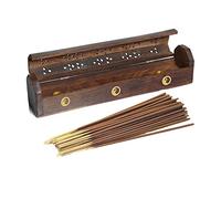 VR Angel Wooden Incense Stick Holder Storage Box With 10-15 Incense Sticks, Handmade Brown Coffin Box, Ash Catcher With Brass Inlay, Perfect for Any Occasion (Yin Yang Design)