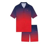 VR2 Denim Mens Co-ord Set Short Sleeve Button-Up Shirt and Matching Shorts Summer Casual Outfit for Men, Red Colour, Size- S