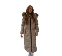 VR2 Denim Women's Puffer Coat with Detachable Fur Hood Full Zip Closure Longline Coat for Women, Camel Colour, Size- XL