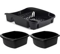 VR7-2X Large Washing Up Bowl and 1x Drainer Set - Durable Plastic Rectangular Washing up Bowls for Basin and Sink, Easy-to-Hold, High-Capacity Kitchen Dish Drainer Rack for Efficient Drying - Black