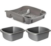 VR7-2X Large Washing Up Bowl and 1x Drainer Set - Durable Plastic Rectangular Washing up Bowls for Basin and Sink, Easy-to-Hold, High-Capacity Kitchen Dish Drainer Rack for Efficient Drying - Silver