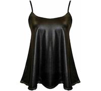 VR7 Ladies Wet Look Basic Camisole Tank Crop Top for Women's Vests Sleeveless Lace Cami Swing Black Leather Strappy Round Neckline Blouse Top Sexy Shiny Shirt for Adults (UK Size M/L(12-14), Black)