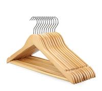 VR7 Natural Wood Coat Hangers with Non-Slip Trouser bar and Shoulder Notches Wardrobe Space Organizer Clothes Hanger with 360 Degree Rotatory Hook for Adults Jackets, Dresses and Trousers