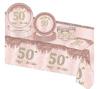 VReder Rose Gold 50th Birthday Decorations Party Tableware Set, Disposable Paper Party Plates Cups Napkins Tablecloth for Women 50th Birthday Party Decorations Table Supplies 16 Guests (50th)