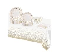 VReder White Champagne Gold Paper Party Tableware Set, Disposable Paper Party Napkins Plates Cups Tablecloth for Men Women Kids Birthday BBQ Engagement Weddings Picnics Christmas Decorations 16 Guests