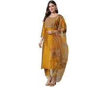 VredeVogel Women's Embroidered Cotton Silk Blend Kurta Pant and Dupatta Set (Mustard_X-Large)