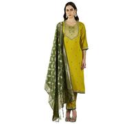 VredeVogel Women's Embroidered Viscose Rayon Kurta with Pant & Banarasi Silk Dupatta Set (Lemon_Small)