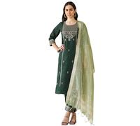 VredeVogel Women's Viscose Rayon Embroidered Kurta with Pant & Chanderi Silk Dupatta Set (Green_Medium)