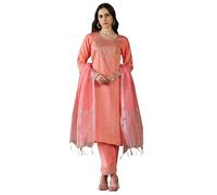 VredeVogel Women's Viscose Rayon Embroidered Kurta with Pant & Chanderi Silk Dupatta Set (Peach_Large)
