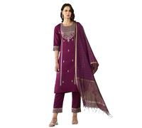 VredeVogel Women's Viscose Rayon Embroidered Kurta with Pant & Chanderi Silk Dupatta Set (Purple_X-Large)