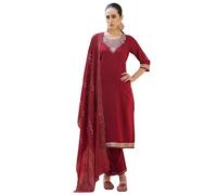 VredeVogel Women's Viscose Rayon Kurta Pant Set with Chanderi Silk Embroidery Dupatta (Maroon_Small)