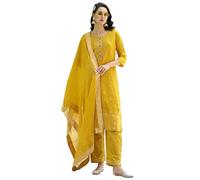 VredeVogel Women's Viscose Rayon Silk Kurta with Pant and Chiffon Dupatta Set (Yellow_Medium)