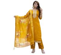 VredeVogel Women's Viscose Roman Silk Blend Embroidered Kurta with Pant & Dupatta Set | Women's Ethnic Casual Kurta Set (Mustard, Medium)