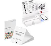 vretti P83C White Portable Thermal Printer + 100 Sheets A4 Thermal Paper Bundle, Inkless Bluetooth Printer with 1 Pre-Loaded Roll, Compatible with iOS, Android, Windows & Mac, Travel,Home,Study,Office