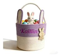 VRFASHION Custom Easter Bunny Basket Easter Buckets For Kids With Rabbit Ear, Easter Egg Hunt Basket Bags Easter Gifts For Girls Kids Purple White With Bunny Card 9 x 9 x 7.5”