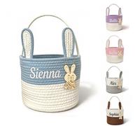 VRFASHION Custom Easter Bunny Basket Easter Buckets For Kids With Rabbit Ear, Easter Egg Hunt Basket Bags Easter Gifts For Girls Kids Blue White With Bunny Card 9 x 9 x 7.5”