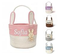 VRFASHION Custom Easter Bunny Basket Easter Buckets For Kids With Rabbit Ear, Easter Egg Hunt Basket Bags Easter Gifts For Girls Kids Pink White With Bunny Card 9 x 9 x 7.5”