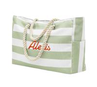 VRFASHION Customized Beach Bag With Embroidered Name,Personalized Striped Tote Bag,Waterproof Sandproof Vacation Essentials, Light Green, One Size