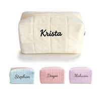 VRFASHION Personalized Makeup Bag with Embroidered Name,custom Grid Velvet Cute Cosmetic Bags,Cosmetic Bags Pouches for Purse Aesthetic Travel Toiletry,Birthday Gift for Women, White