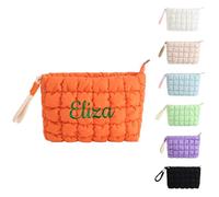 VRFASHION Personalized Puffer Quilted Makeup Bag with Handle Detachable Cute Puffy Cotton Cosmetic Bag, Custom Small Toiletry Zipper Make Up Pouch Purse, Checkered Storage Organizer Clutch Bag， Orange
