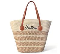 VRFASHION Personalized Straw Beach Tote Bag for Women Straw Tote Bag Woven Purses Summer Shoulder Handbag Rattan Bucket Purse, Brown, Beach Bag