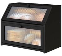 Vriccc Black Bread Box for Kitchen Counter, Large Bamboo Wood Double Layer Bread Box, Wooden Bread Storage Capacity