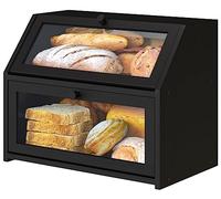 Vriccc Black Bread Box for Kitchen Counter, Large Bread Storage Container, Double Layer Bamboo Wooden Large Capacity Bread Storage Bin