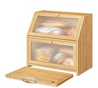 Vriccc Extra Large Bread Box with Cutting Board Bamboo Wood Bread Box for Kitchen Counter, Double Layer Large Capacity Bread Storage Bin with Acrylic Wavy Door Panel (Natural)