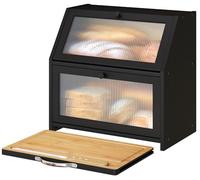 Vriccc Extra Large Bread Box with Cutting Board Bamboo Wood Bread Box for Kitchen Counter, Double Layer Large Capacity Bread Storage Bin with Acrylic Wavy Door Panel (Black)