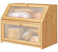 Vriccc Large Bread Box for Kitchen Counter,Bamboo Wood Double Layer Bread Box for Kitchen Counter, Wooden Capacity Bread Storage Bin