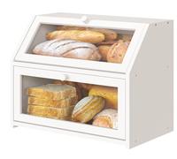 Vriccc White Large Bread Box for Kitchen Counter, Double Layer Bamboo Wooden Large Capacity Bread Storage Bin
