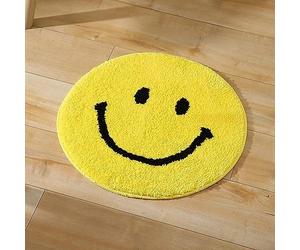 VRILU Smiley Face Bath Mat, Yellow, 19.6in Round, Non Slip, Absorbent, Machine Washable