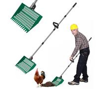 Vrisa Adjustable Chicken Manure Scoop - Heavy Duty 3-in-1 Poultry Waste Sifter Rake & Multi-Angle Scoop Long Stainless Steel Handle for Stand Up Coop Cleaning Cat Litter & Beach Sand, Green
