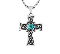 Vrivreii Celtic Cross Necklace, Dragon Eye Center Charm | Interlaced knotwork detailing, vivid slit-pupil eye accent, symmetrical sacred design, mystical fantasy style
