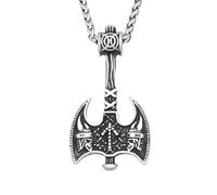 Vrivreii Double Axe Necklace, Warrior Face Norse Charm | Twin warrior carving, runic center detailing, crossed binding texture, Norse battle style