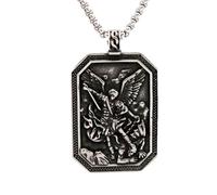 Vrivreii St Michael Tag Necklace, Dragon Slayer Medallion | Dynamic battle relief, braided border framing, inscribed text reverse, devotional sacred style